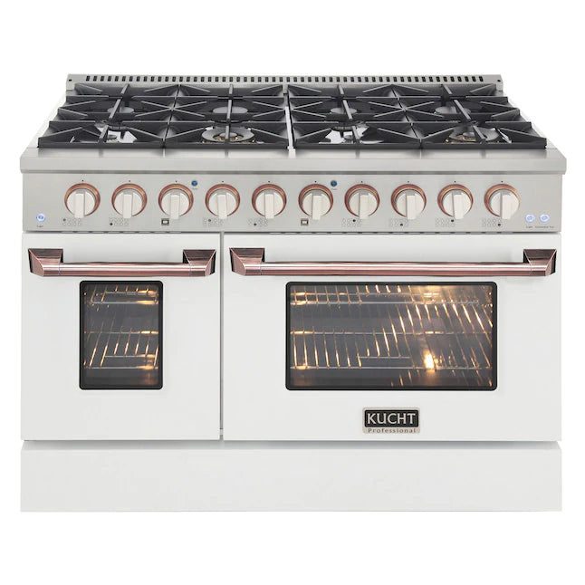 White dual fuel range with stainless cooktop, rose-gold handles, and two glass oven doors