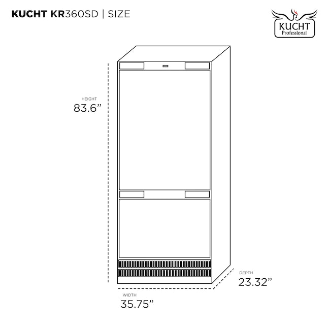 Built-in refrigerator size diagram with height and depth measurements