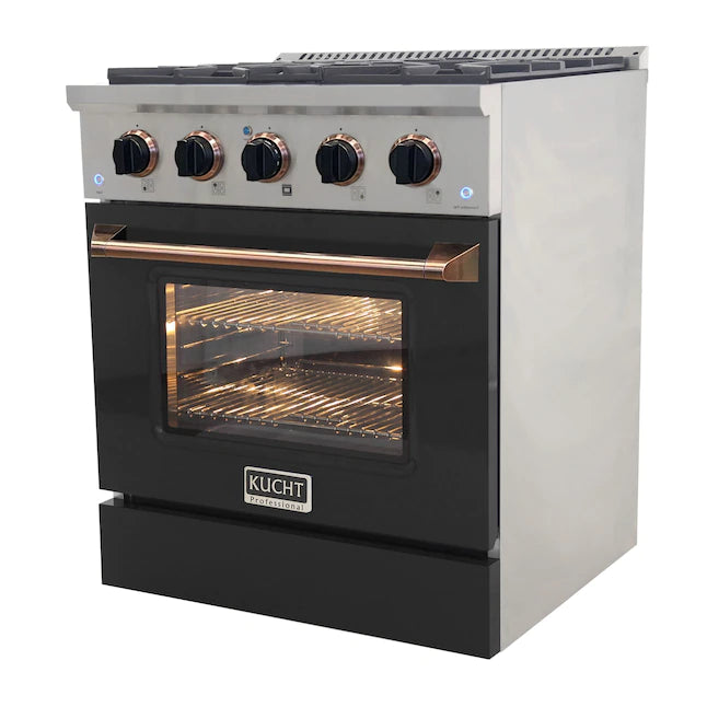 Stainless steel dual fuel range with black oven door and lit oven window