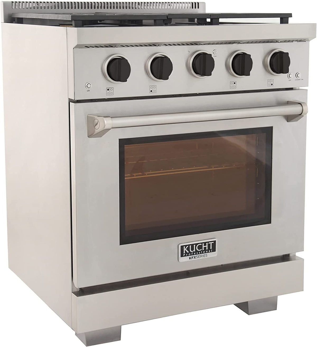 Stainless steel 30-inch gas range with black control knobs and oven window
