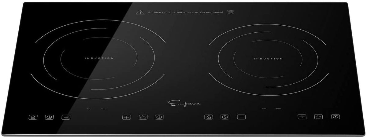 Black induction cooktop front view with two round burner zones and touch control icons
