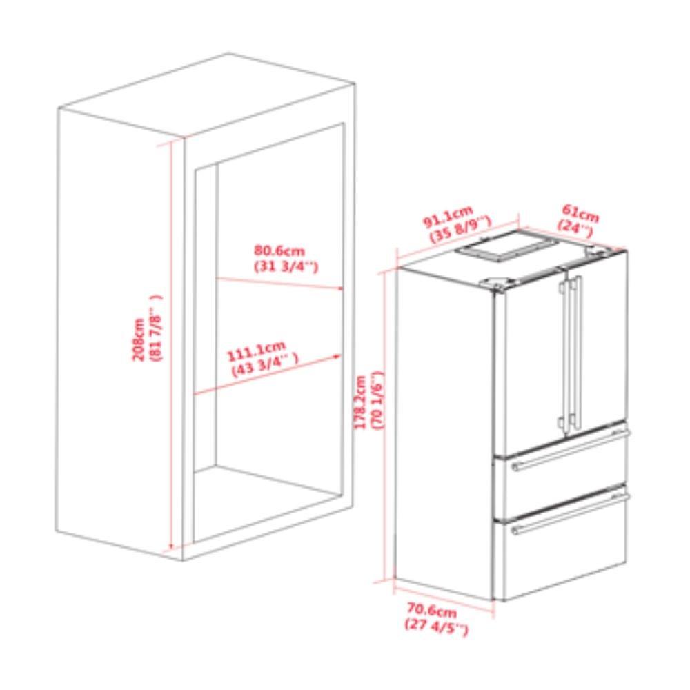 Appliance installation dimensions diagram with height and width measurements