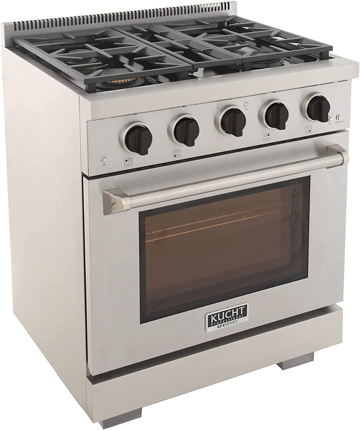 Stainless steel gas range with black knobs, grates, and oven door handle