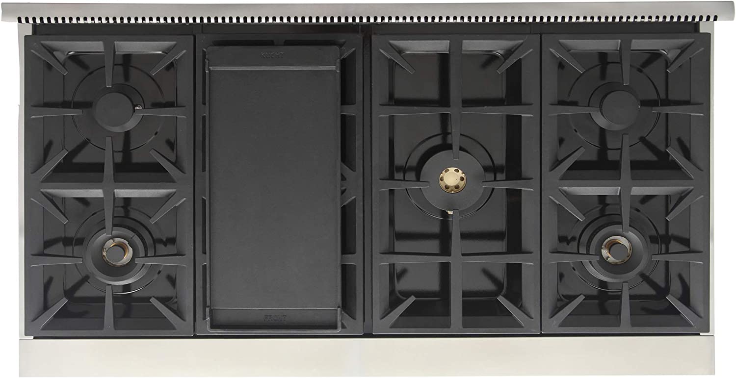 Stainless steel cooktop with four black burner grates and center control knob