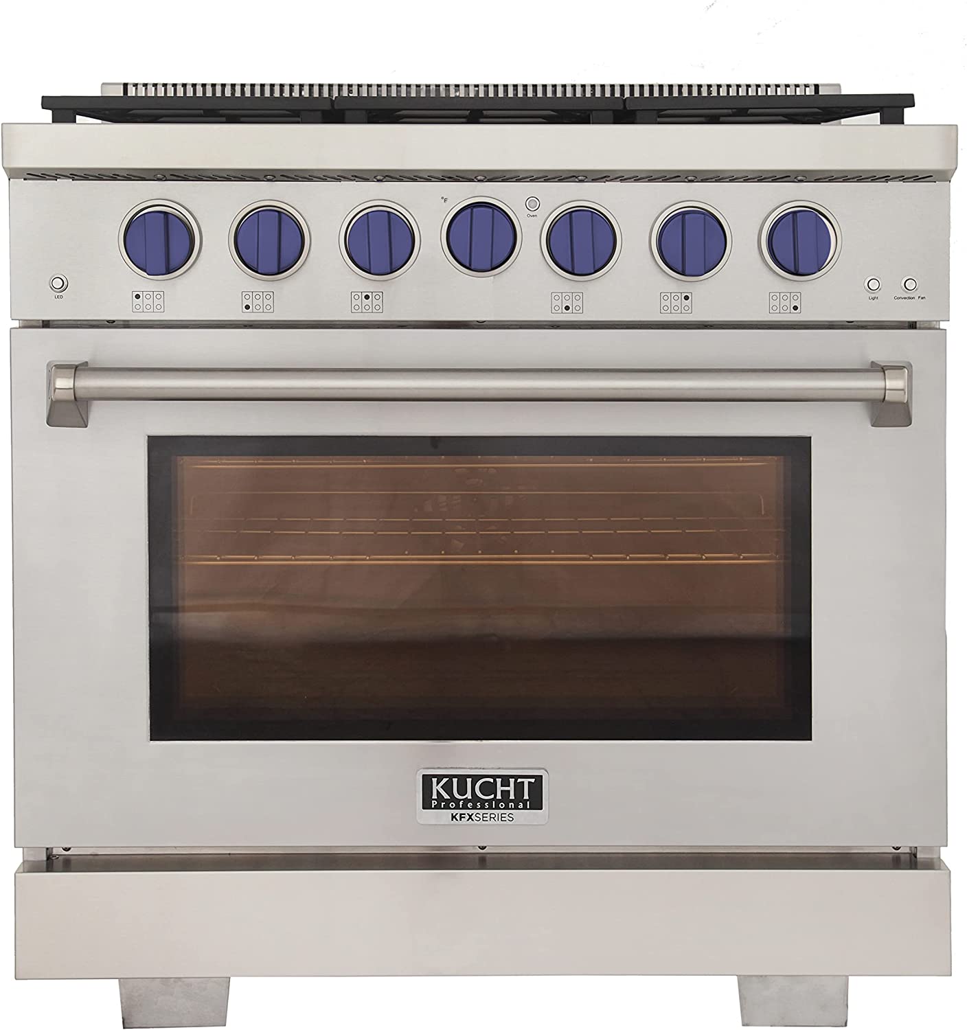 36-inch gas range with blue control knobs, stainless steel oven door and handle, front view