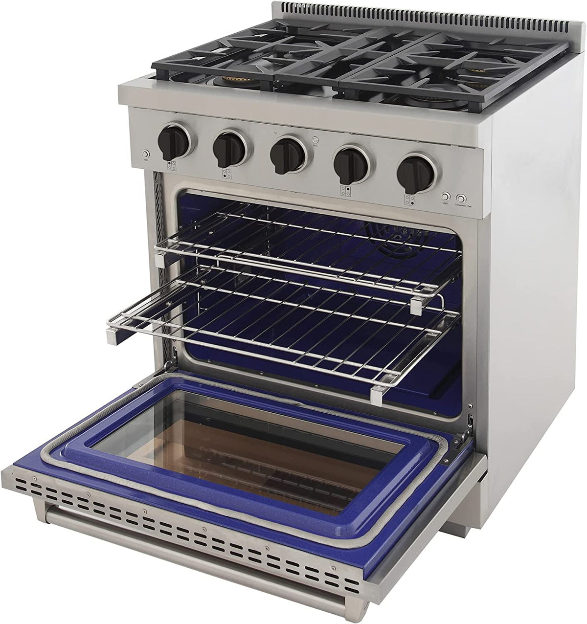 Stainless steel gas range open oven with racks and blue enamel interior tray