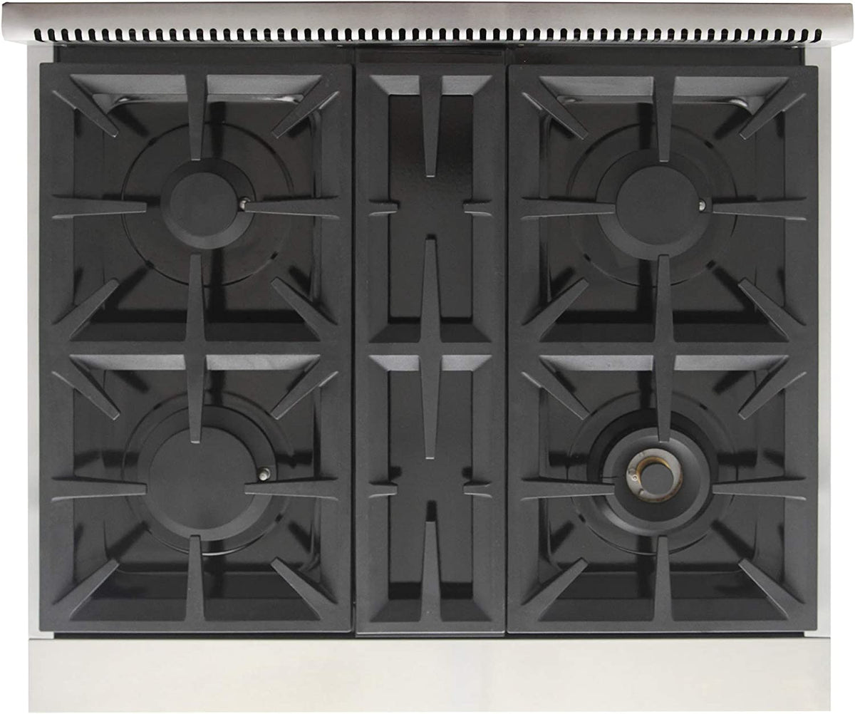 Gas range cooktop with four burner grates and center supports, stainless frame