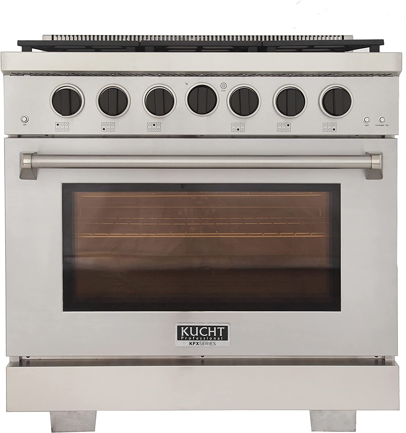 36-inch stainless steel gas range with six black control knobs and glass oven door