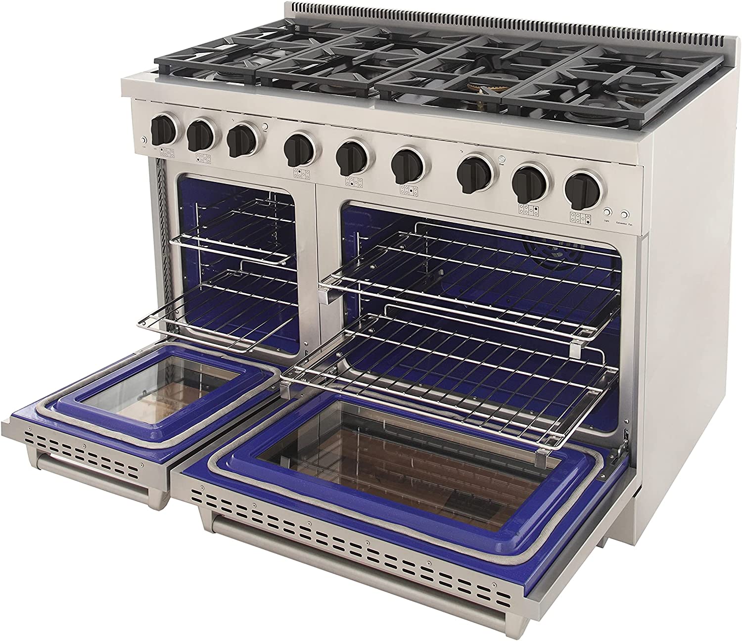 Stainless steel gas range with front burners open and dual oven compartments