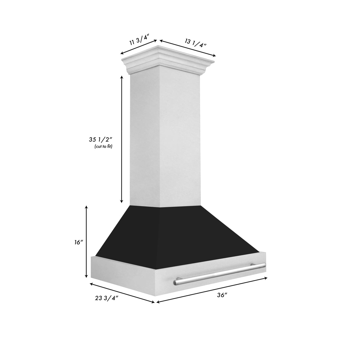 36-inch wall mount range hood with satin stainless body and black matte chimney shell