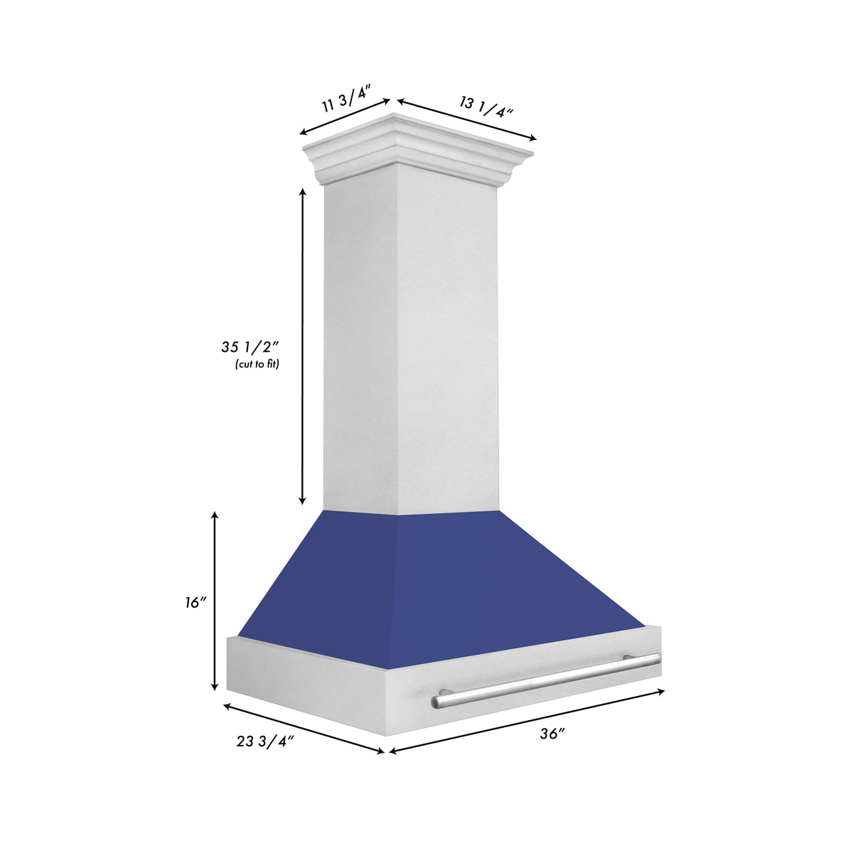 Wall mount range hood with satin stainless chimney and blue matte canopy, front baffle
