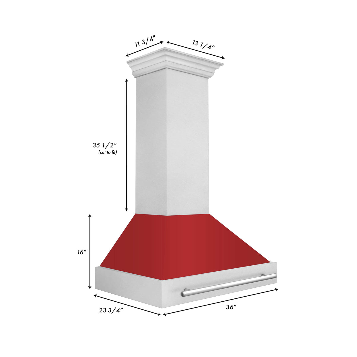 36-in wall mount range hood with satin stainless chimney and red matte shell.