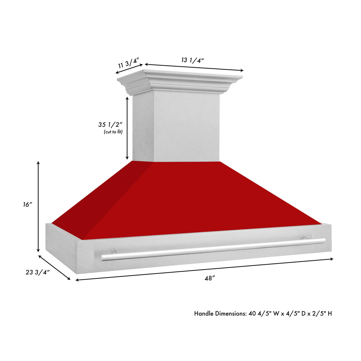 Wall mount range hood with red matte canopy and satin stainless chimney
