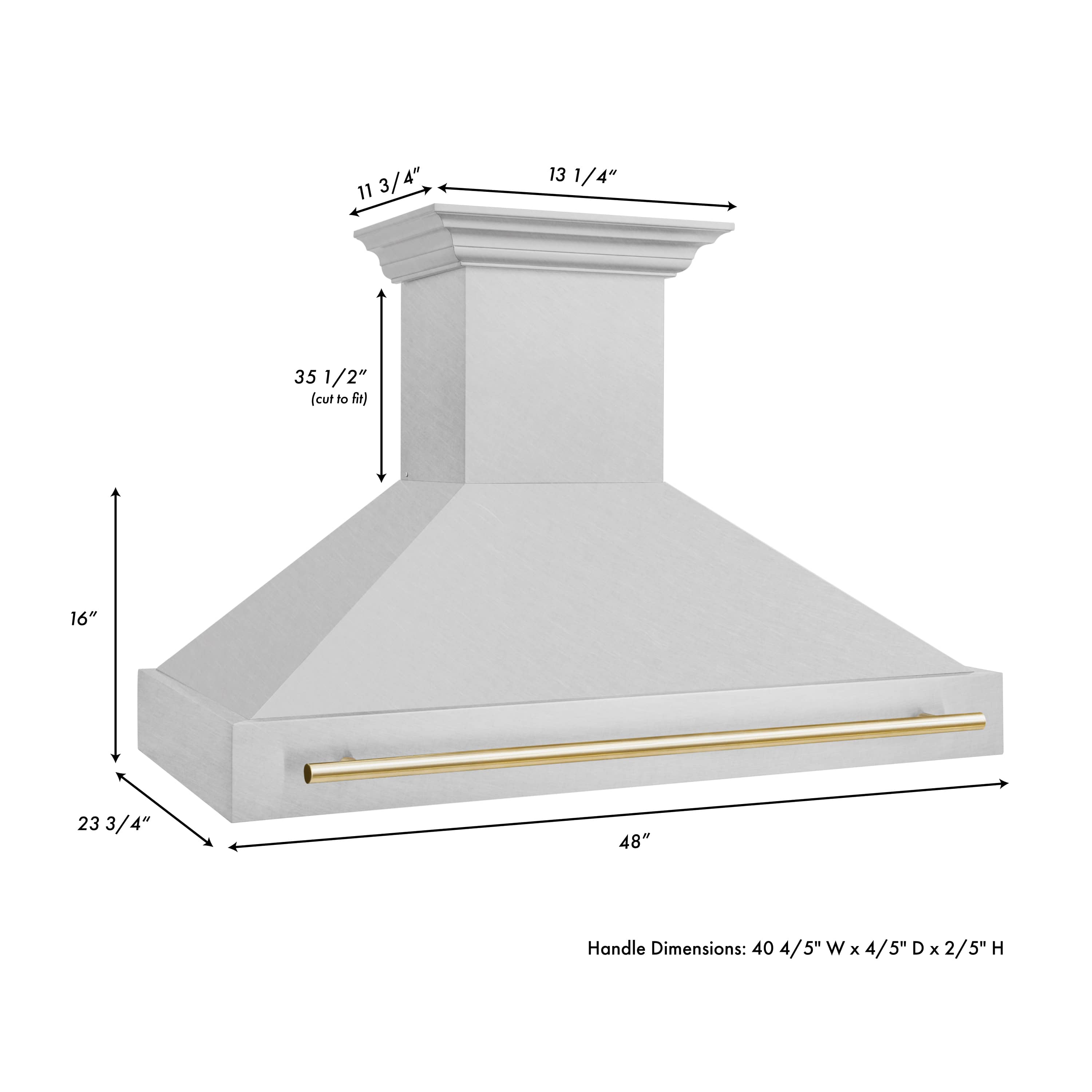 Stainless steel wall range hood with gold trim bar and chimney canopy