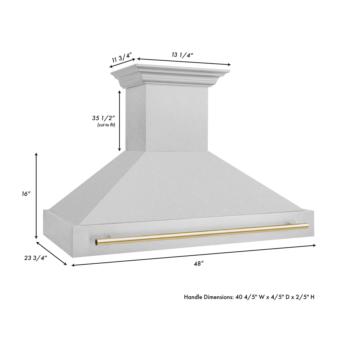 Satin stainless wall range hood with gold accent rail, shown with measurements