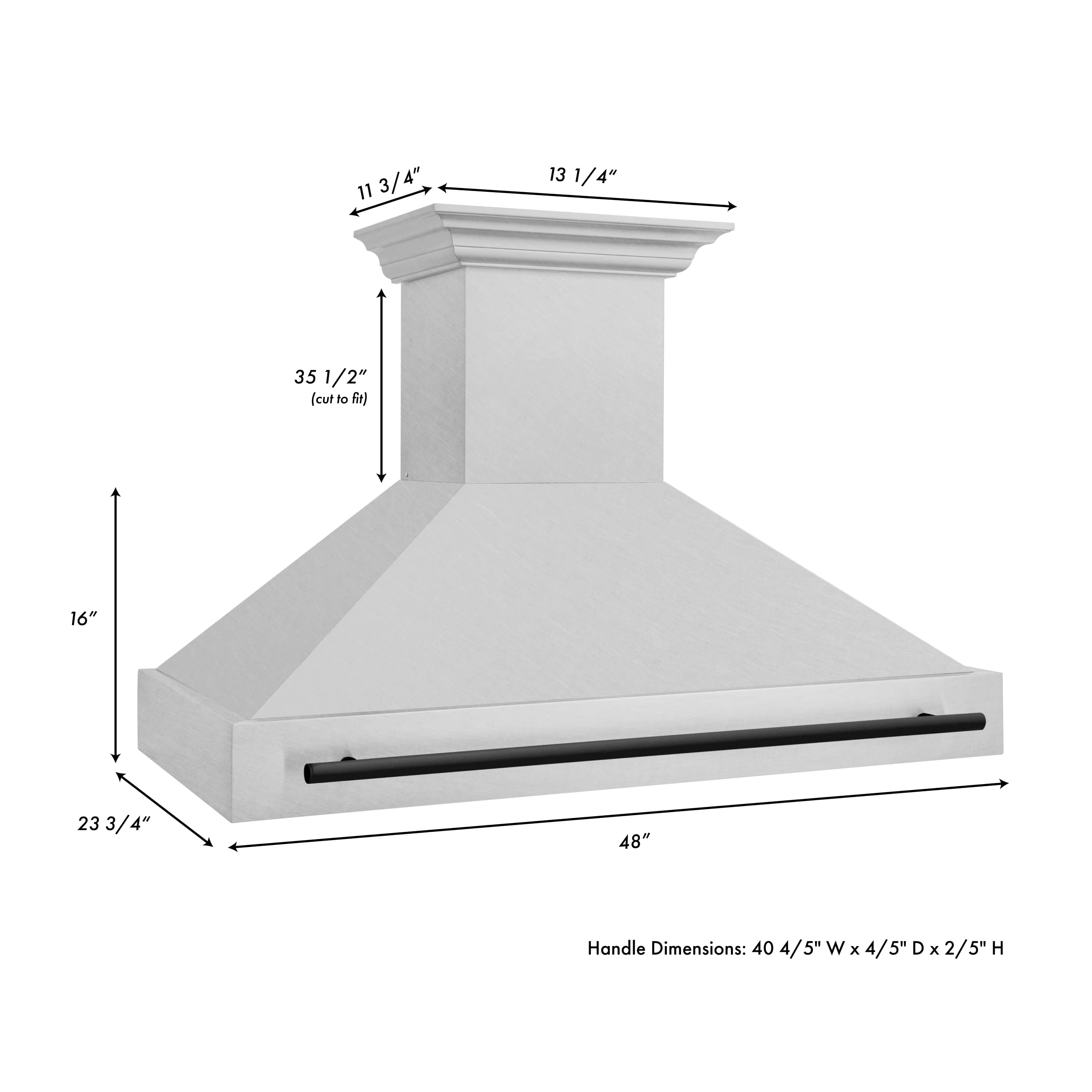 Wall-mounted range hood size diagram with black handle bar and satin stainless body