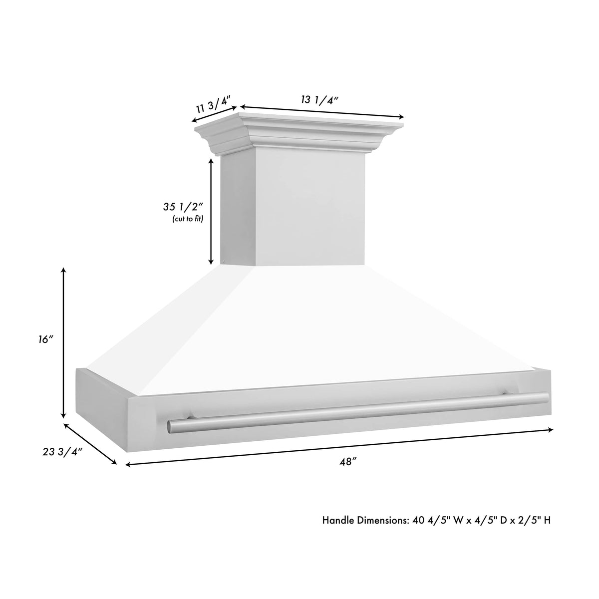 White matte wall mount range hood with stainless handle bar and chimney column