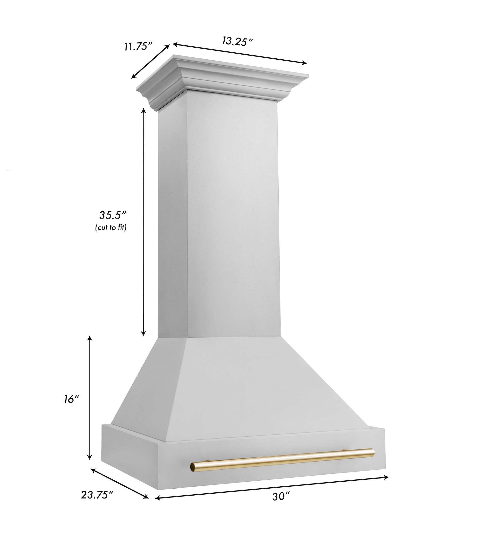 Wall-mounted range hood chimney with gold-trimmed front vent opening