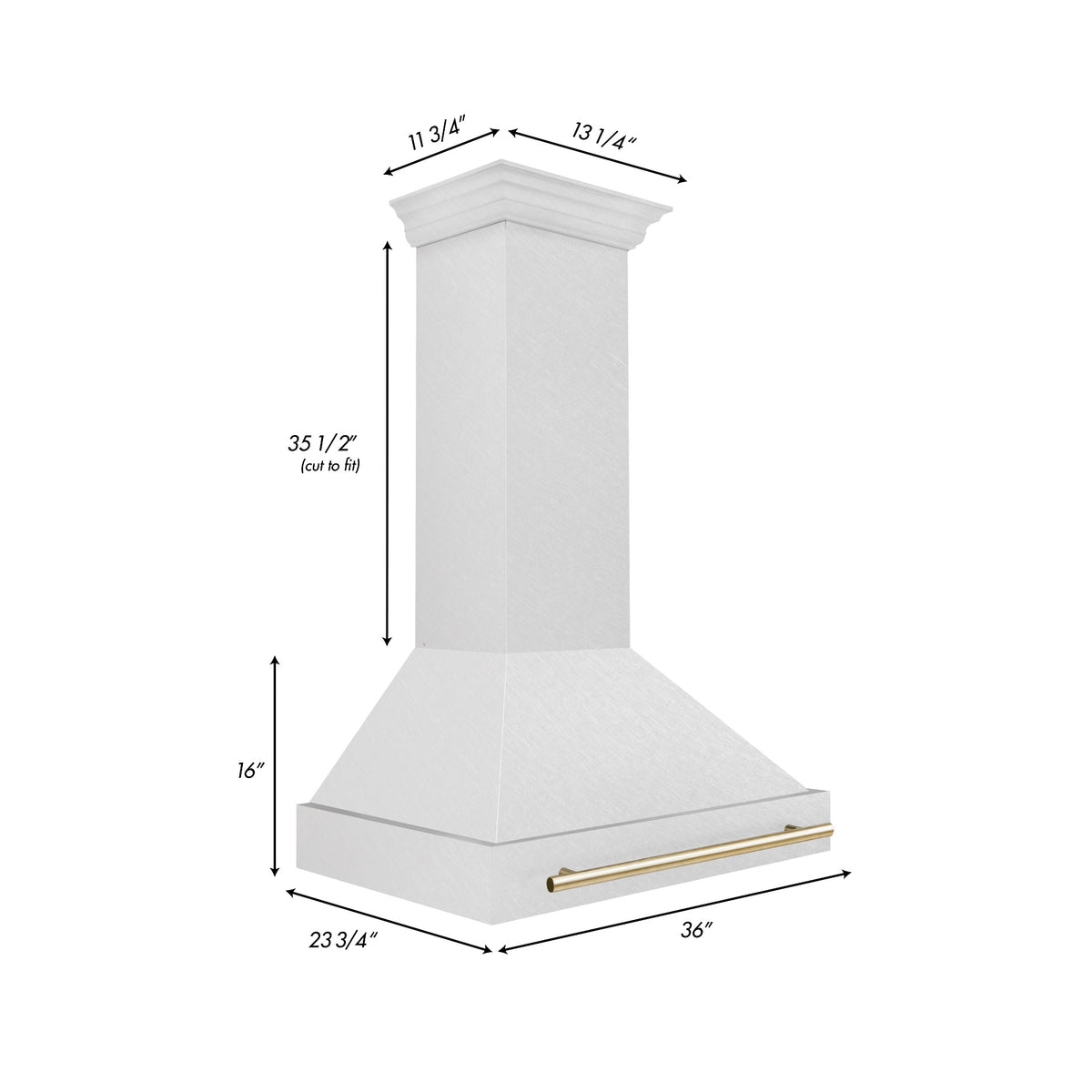 Satin stainless steel wall mount range hood with gold trim handle and chimney body