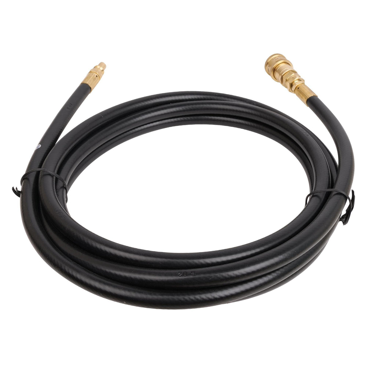 Coiled black RV propane hose with brass end connectors and securing ties