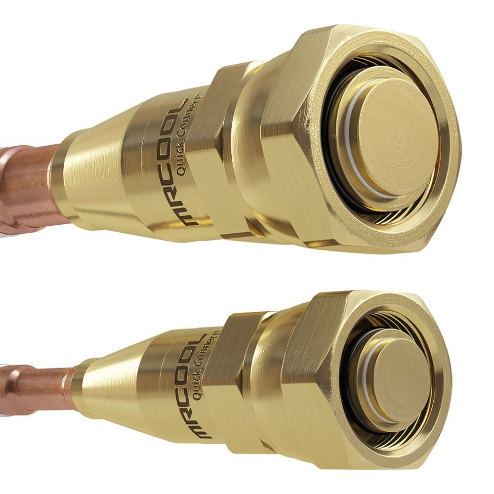 Close-up of brass flare couplings on a refrigerant line set with copper tubing ends