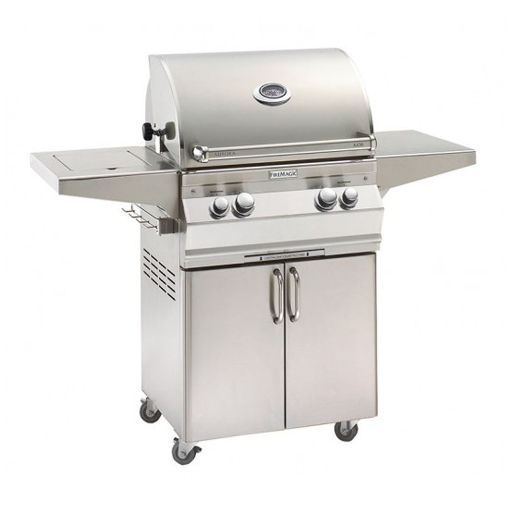 Stainless steel natural gas freestanding grill with side shelves and storage doors