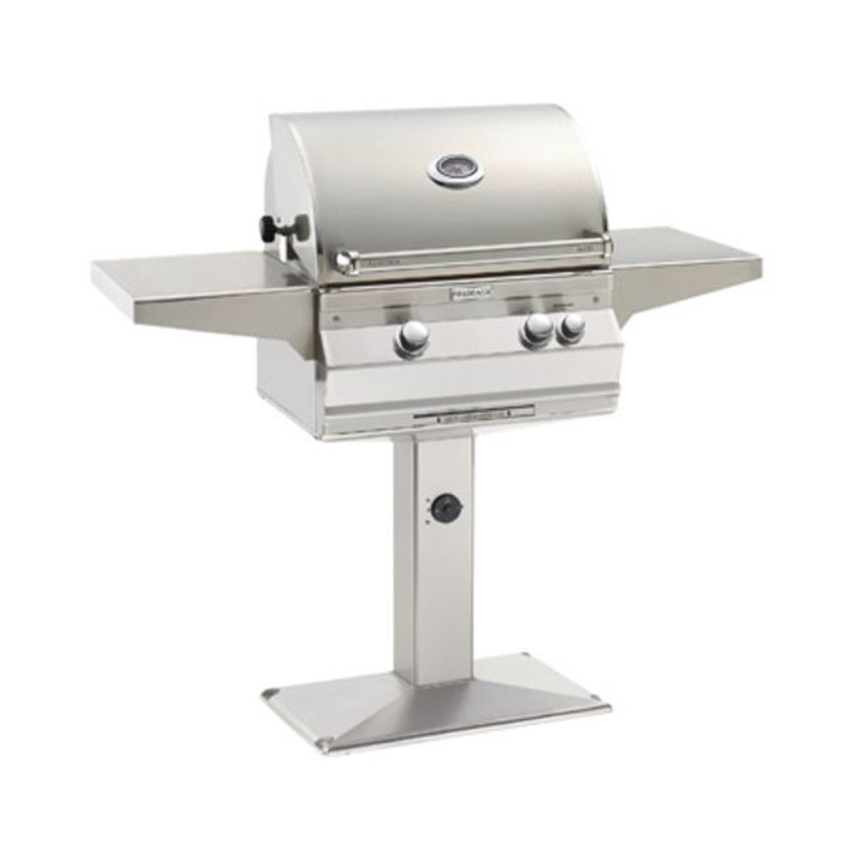 Stainless steel post-mount gas grill with side shelves and control knobs