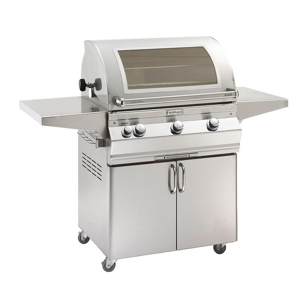 Stainless steel freestanding propane gas grill with hood window and front control knobs