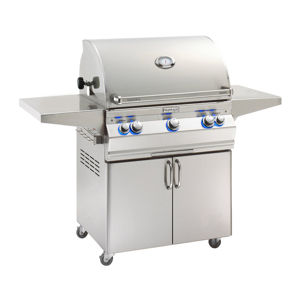 Stainless steel freestanding gas grill with control knobs and hood-mounted thermometer