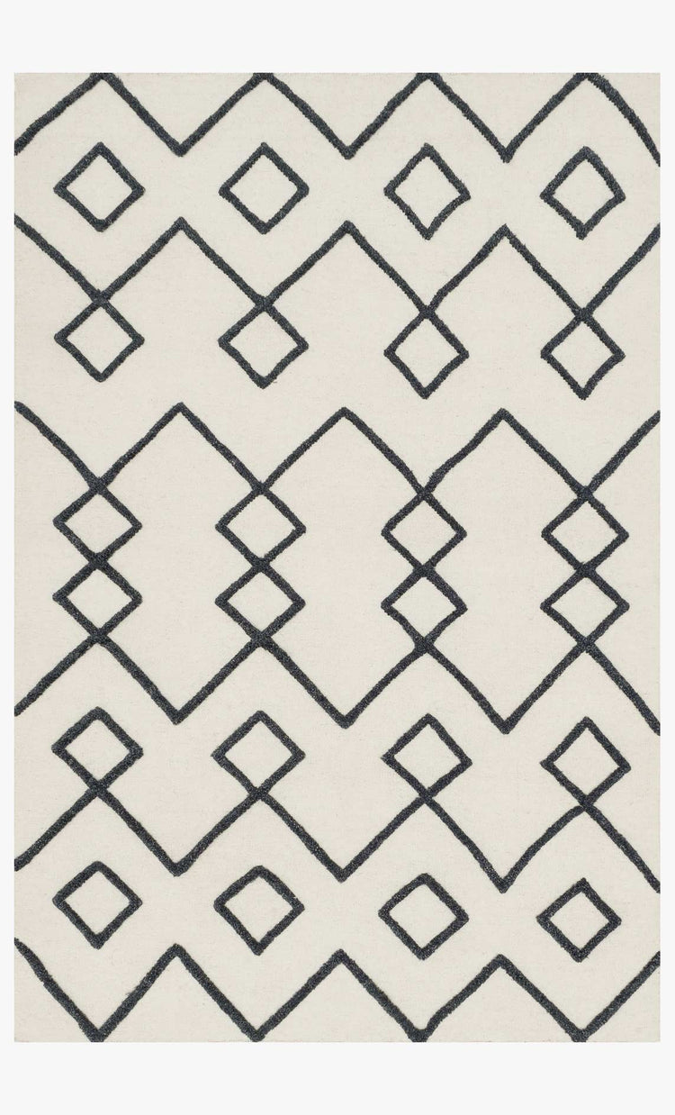 Ivory hand-woven rug with navy diamond and zigzag geometric pattern