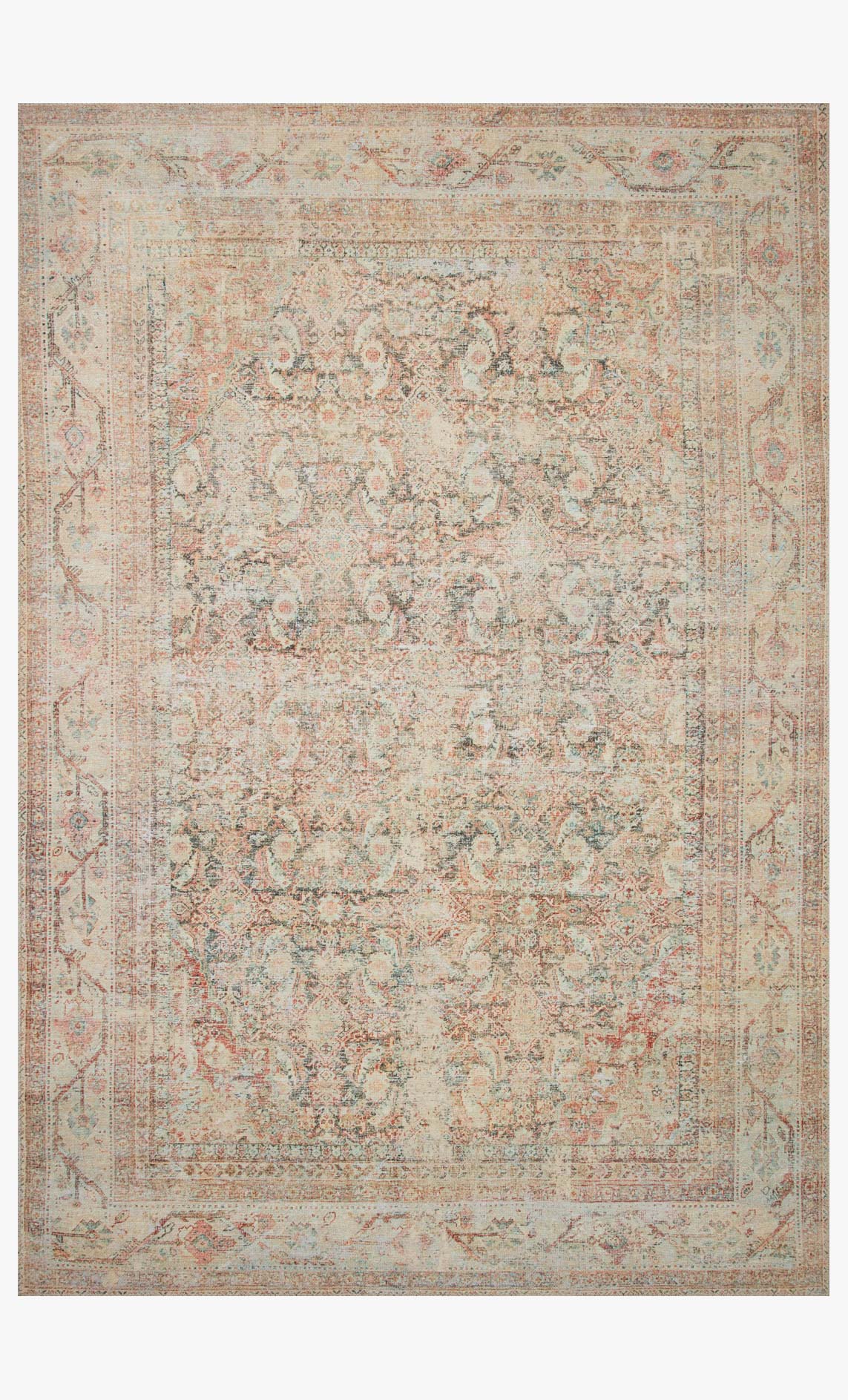 Rectangular traditional power-loomed rug with natural base and apricot accents, ornate border