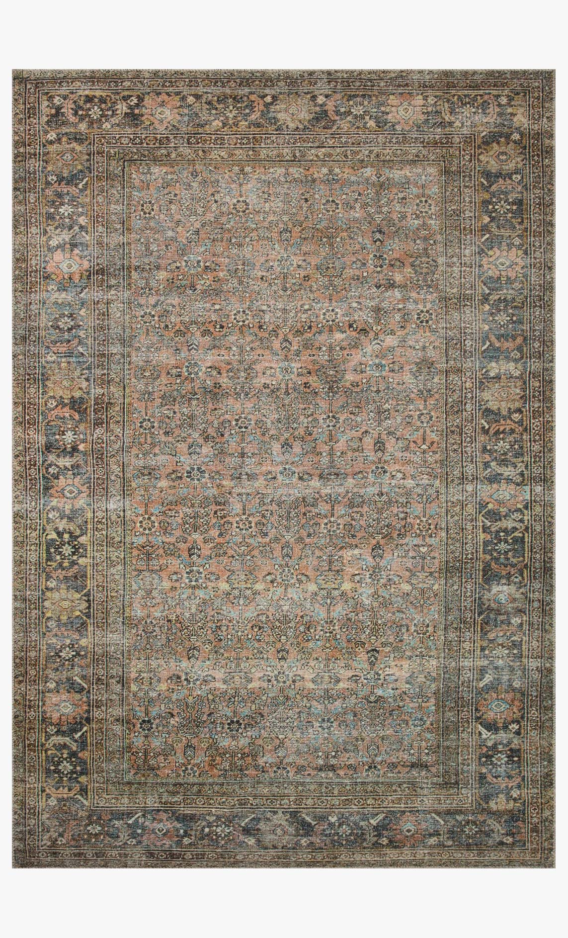 Multicolor traditional rug with ornate border and central medallion, terracotta and blue tones