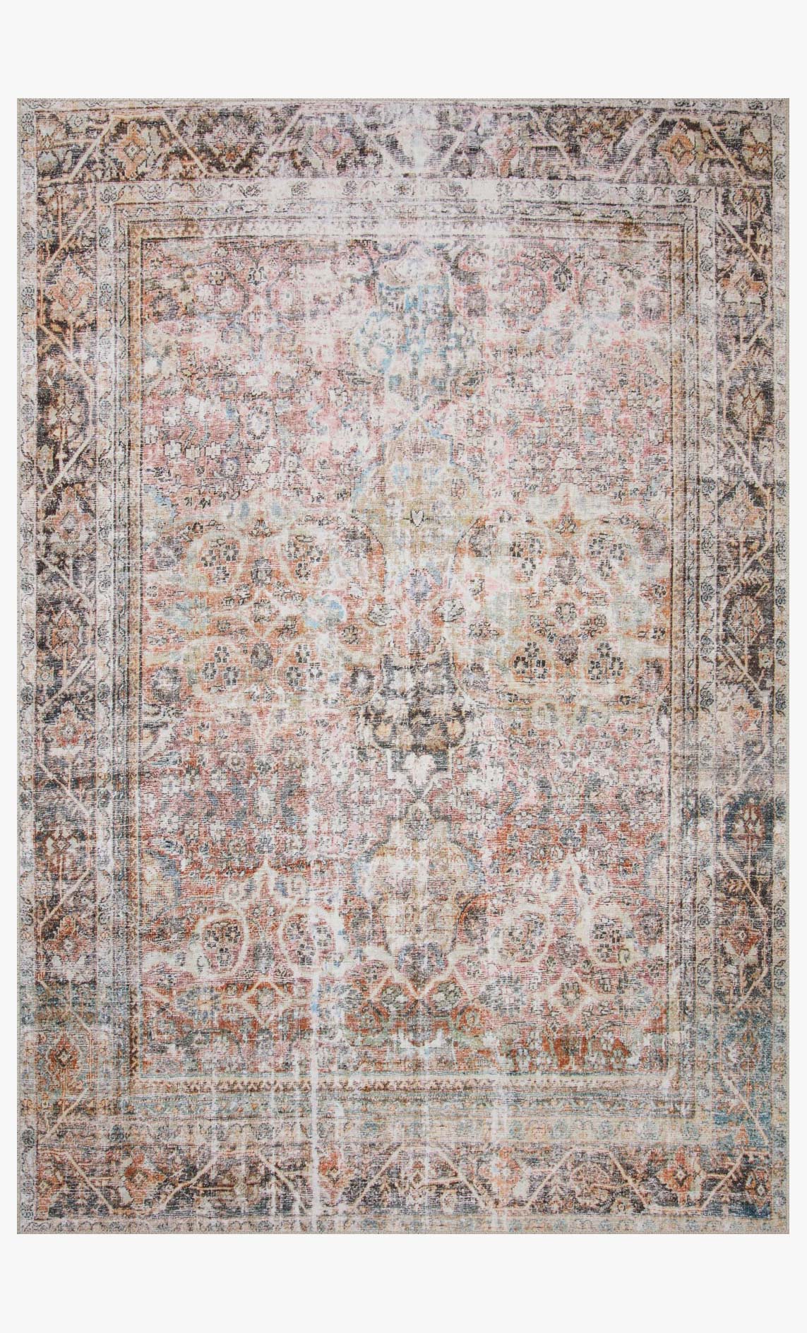 Traditional power-loomed rug with distressed medallion pattern in ivory, rust, and charcoal.