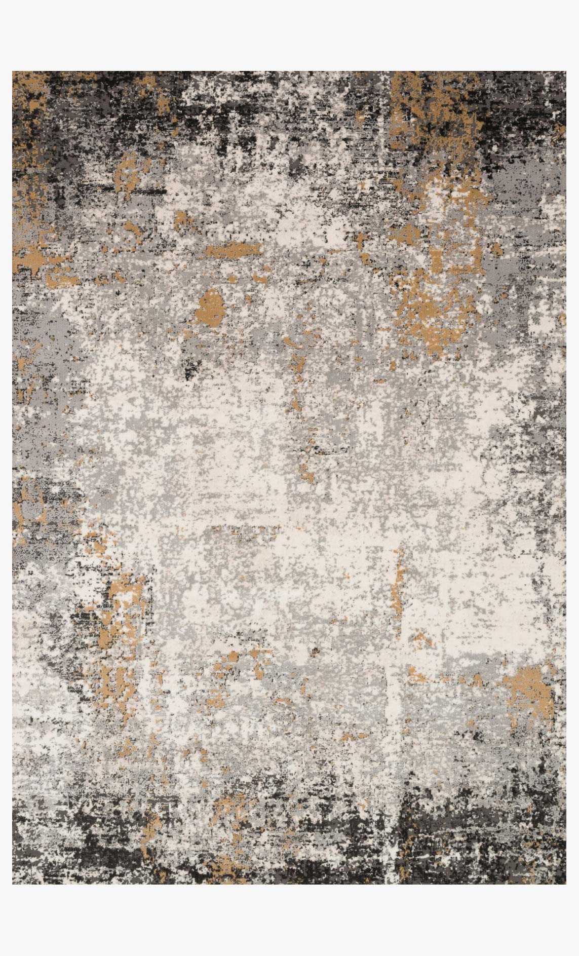 Power-loomed rug with granite gray base and gold speckled abstract pattern