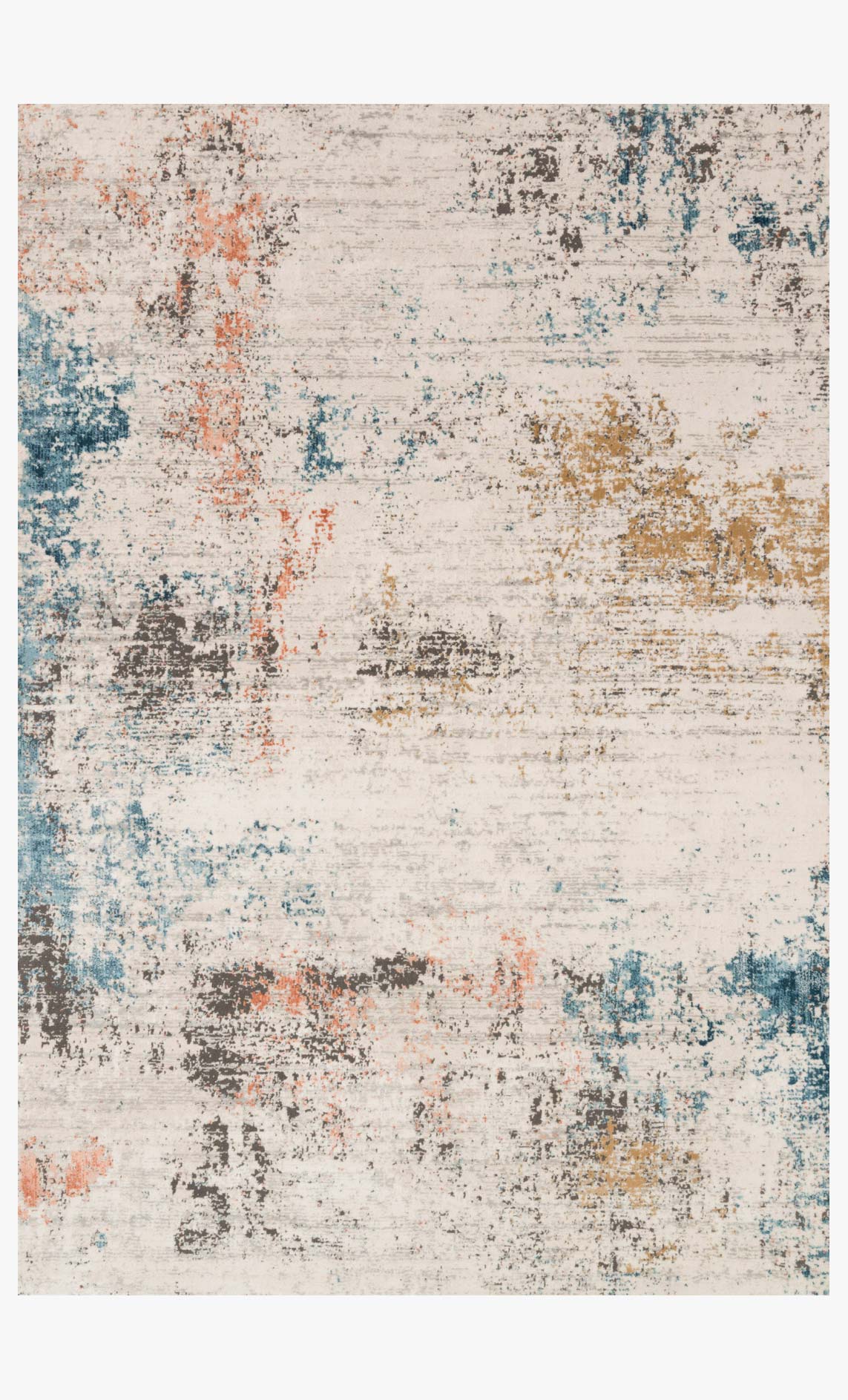 Ivory area rug with abstract distressed pattern in blue, orange, and gray flecks