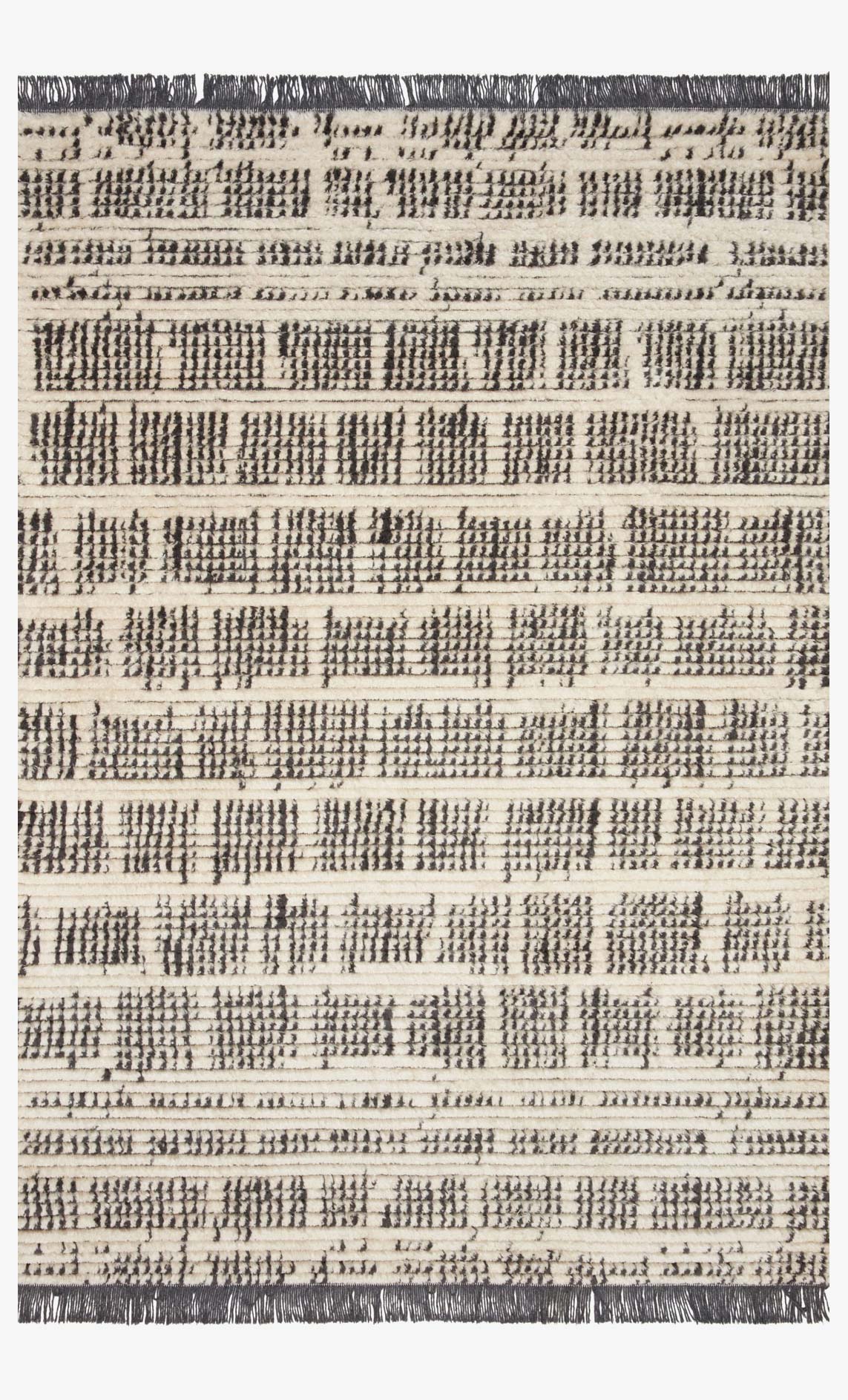 Cream and charcoal power-loomed rug with horizontal striped pattern, close-up texture