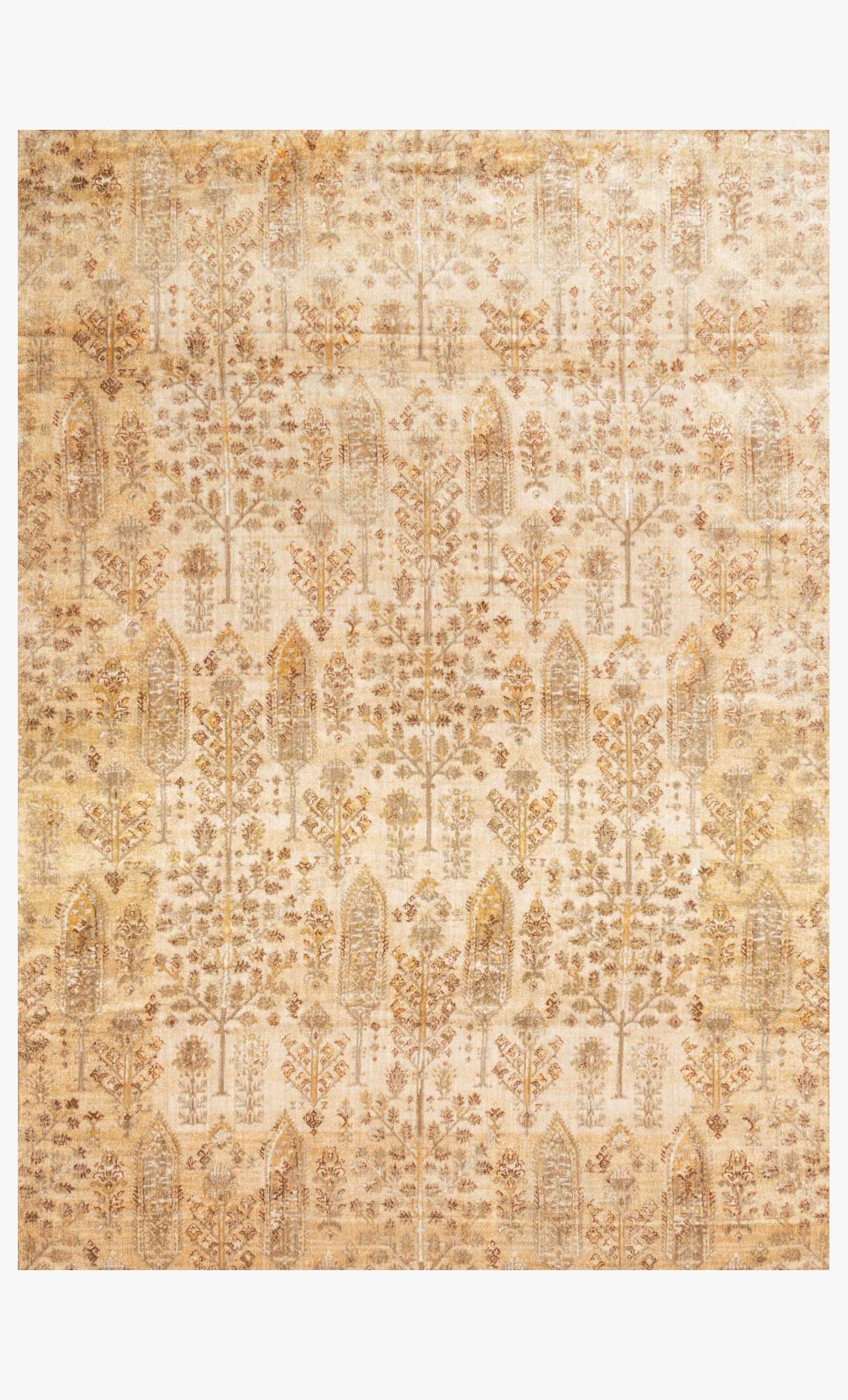 Transitional power-loomed rug with ivory and gold ornate damask pattern, rectangular.