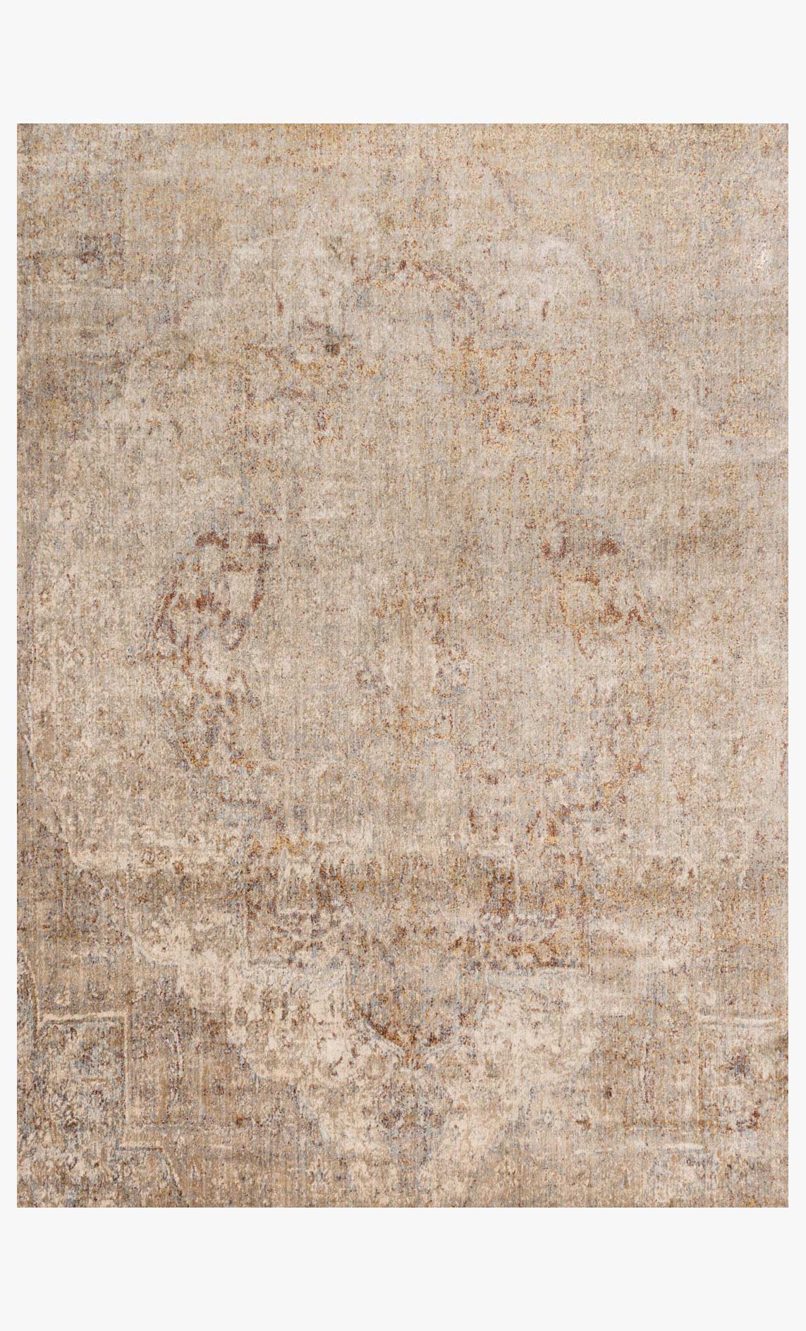 Beige transitional area rug with abstract distressed pattern, rectangular.