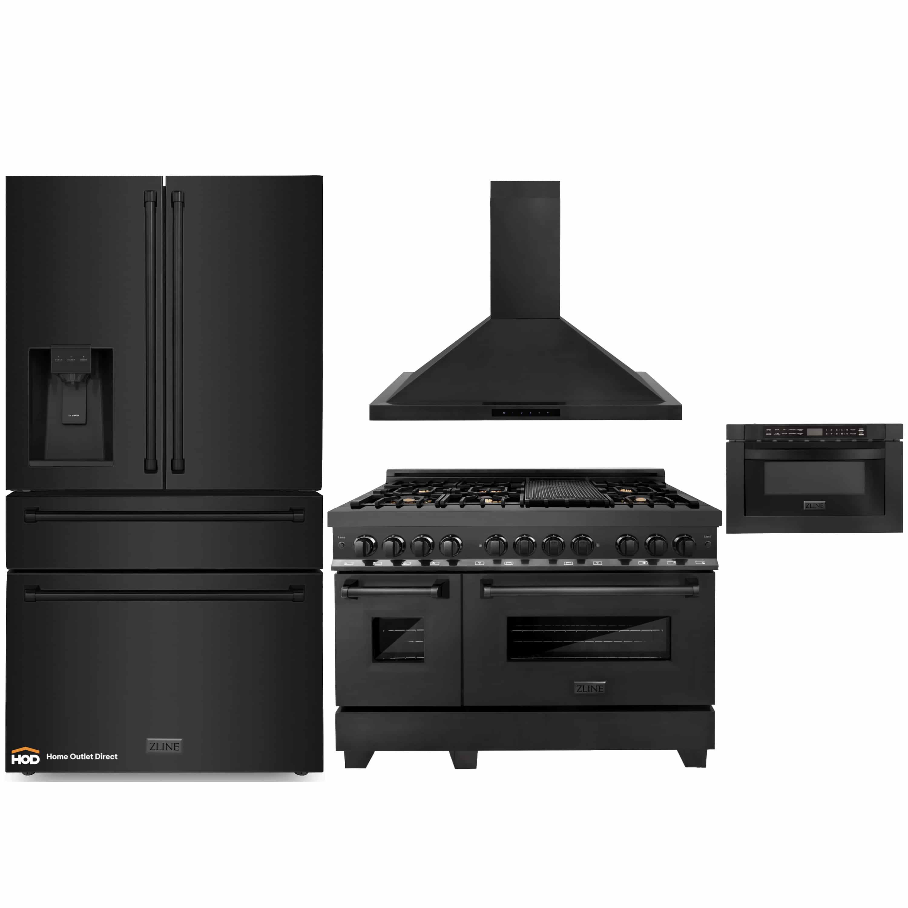 Black stainless steel 4-piece appliance set: range with hood, refrigerator, microwave drawer