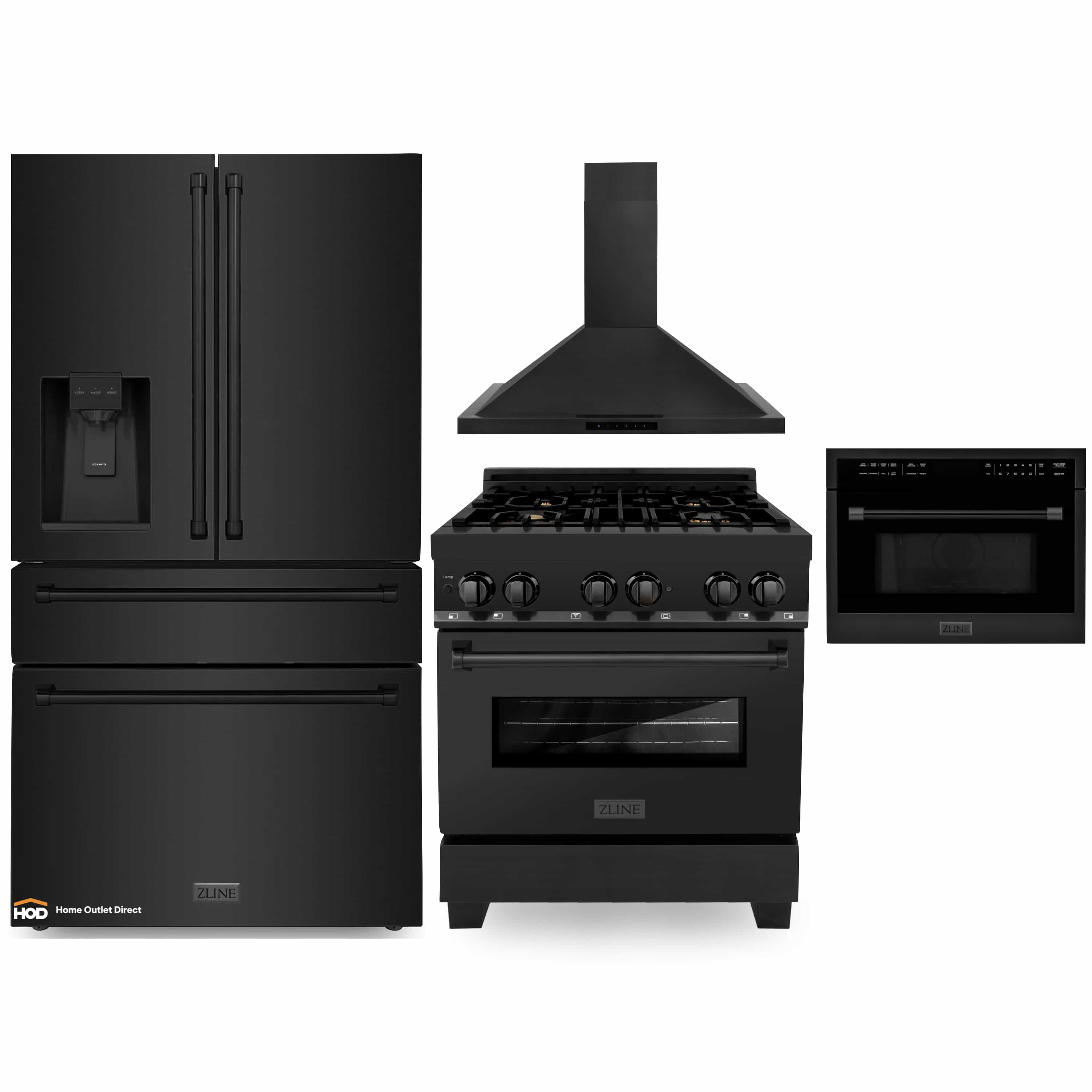 Black stainless steel appliance package with refrigerator, dual-fuel range, hood, microwave
