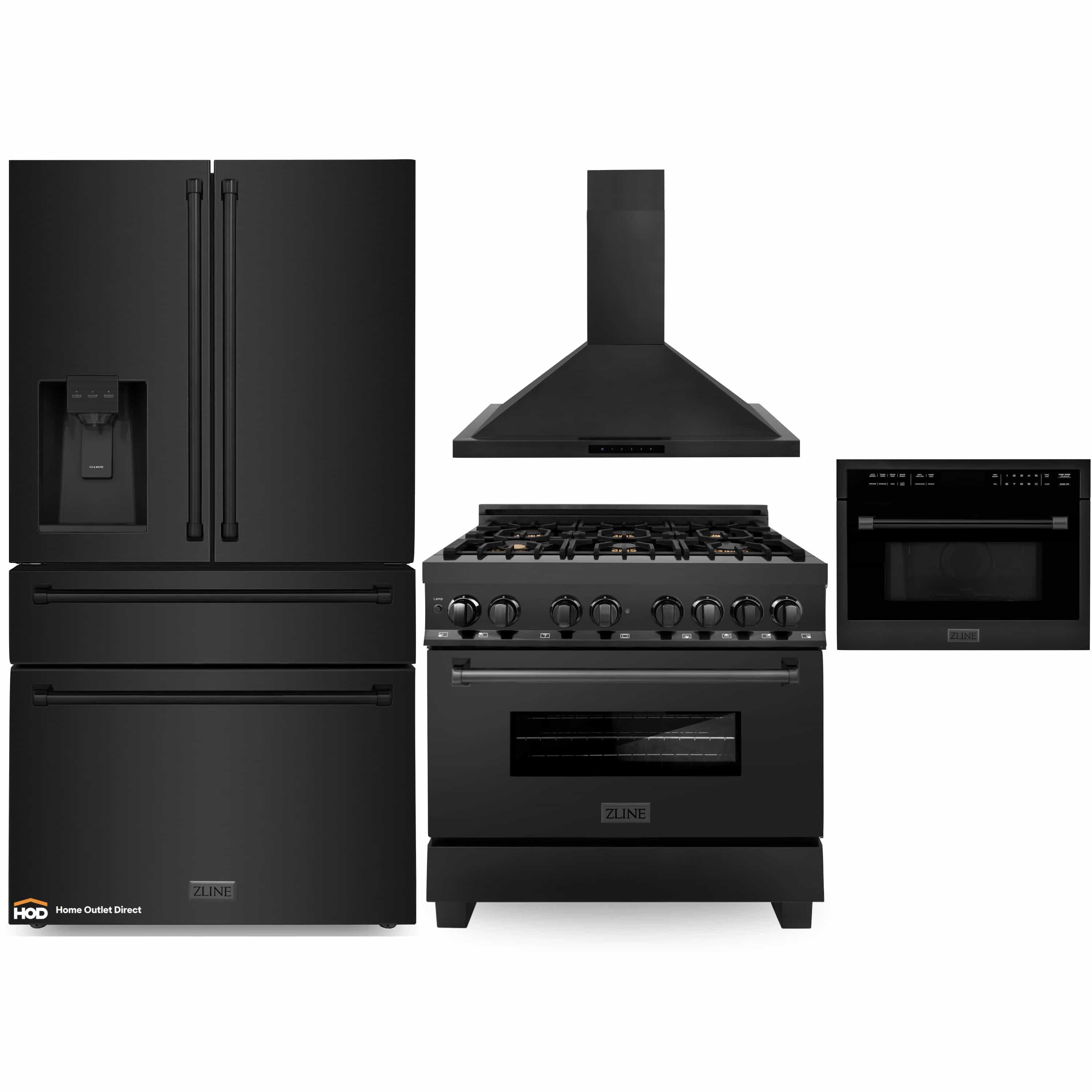4-piece appliance package in black stainless: range, hood, microwave, and refrigerator
