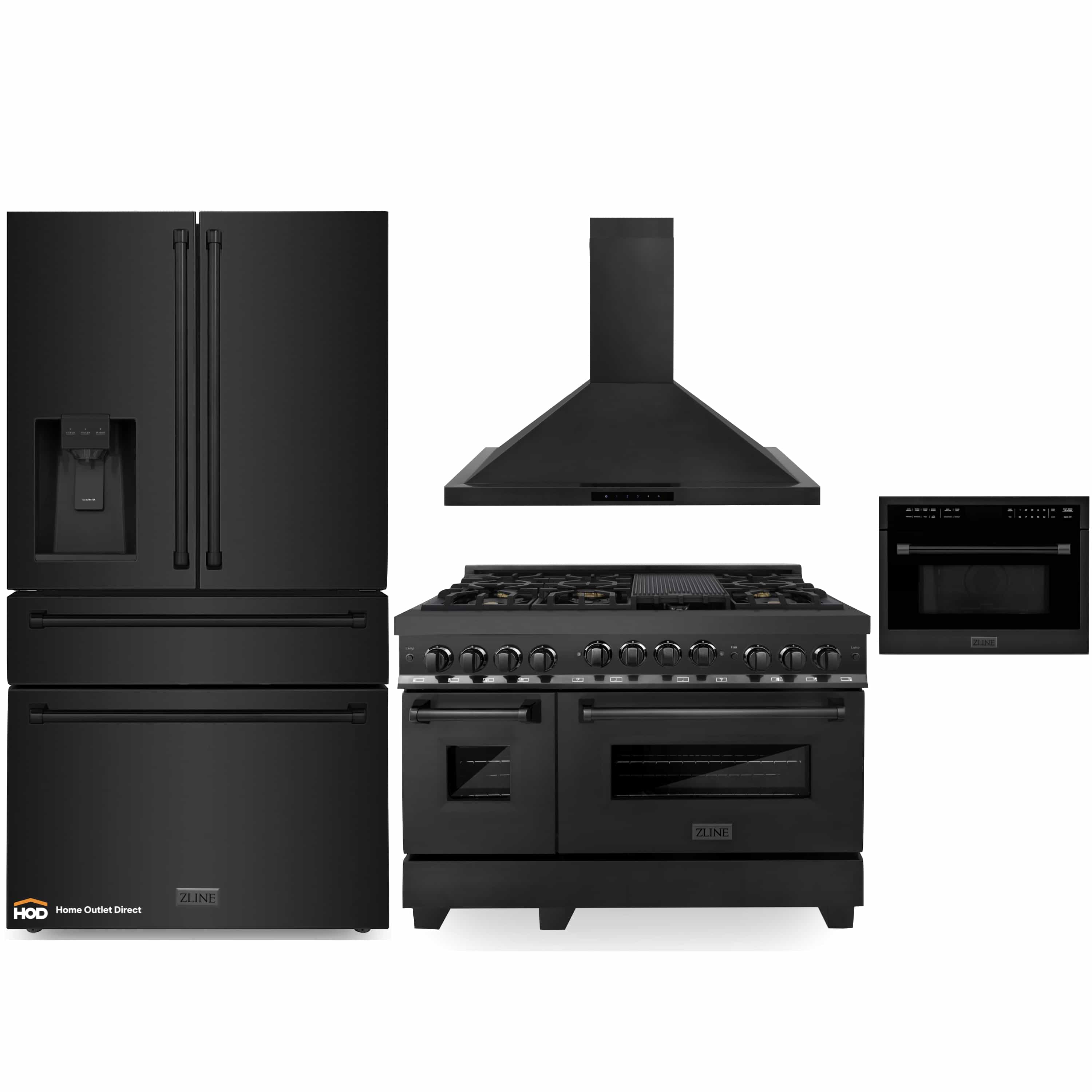 Black stainless appliance package featuring a dual fuel range, hood, refrigerator, and microwave