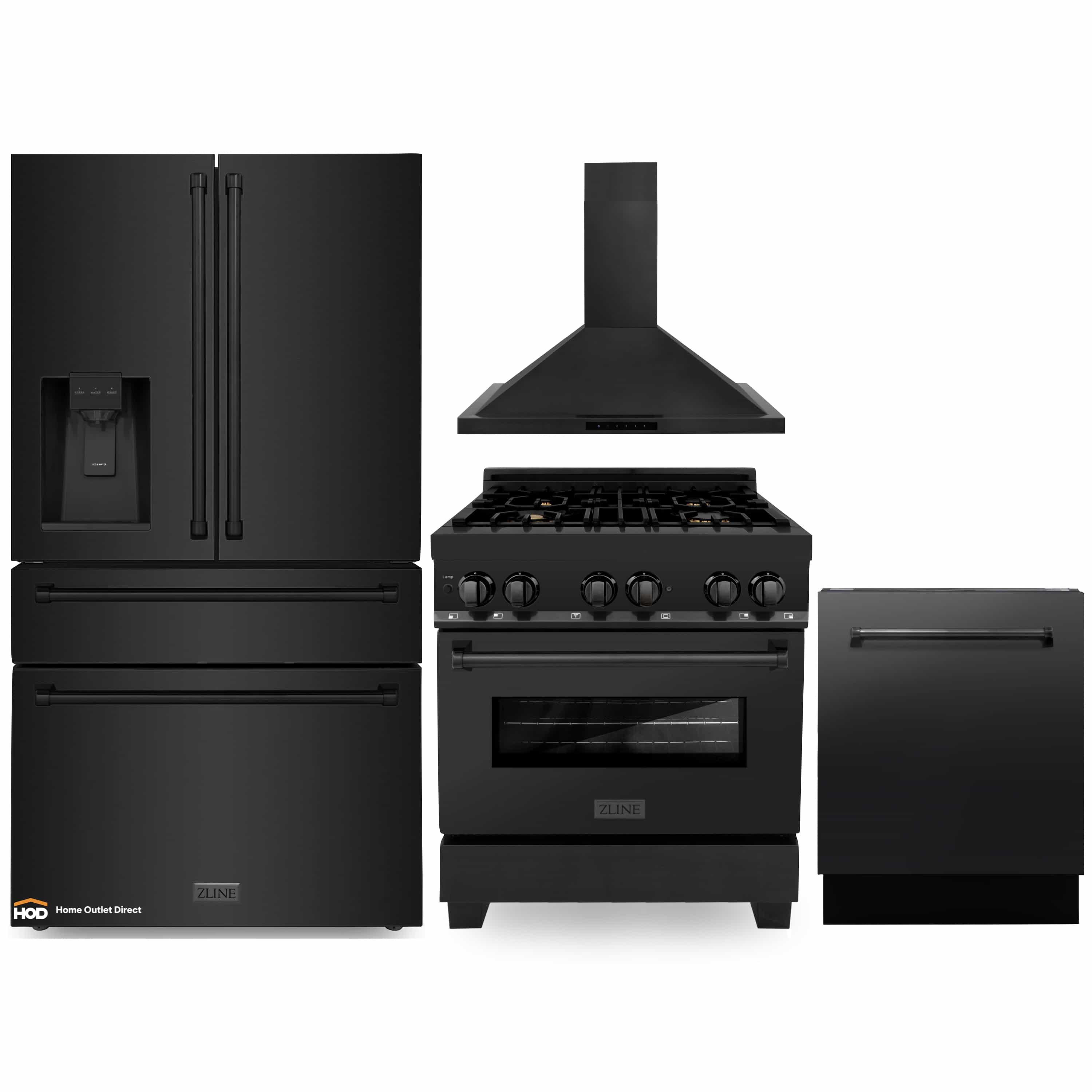 ZLINE black stainless 4-piece appliance set with refrigerator, range, hood, and dishwasher
