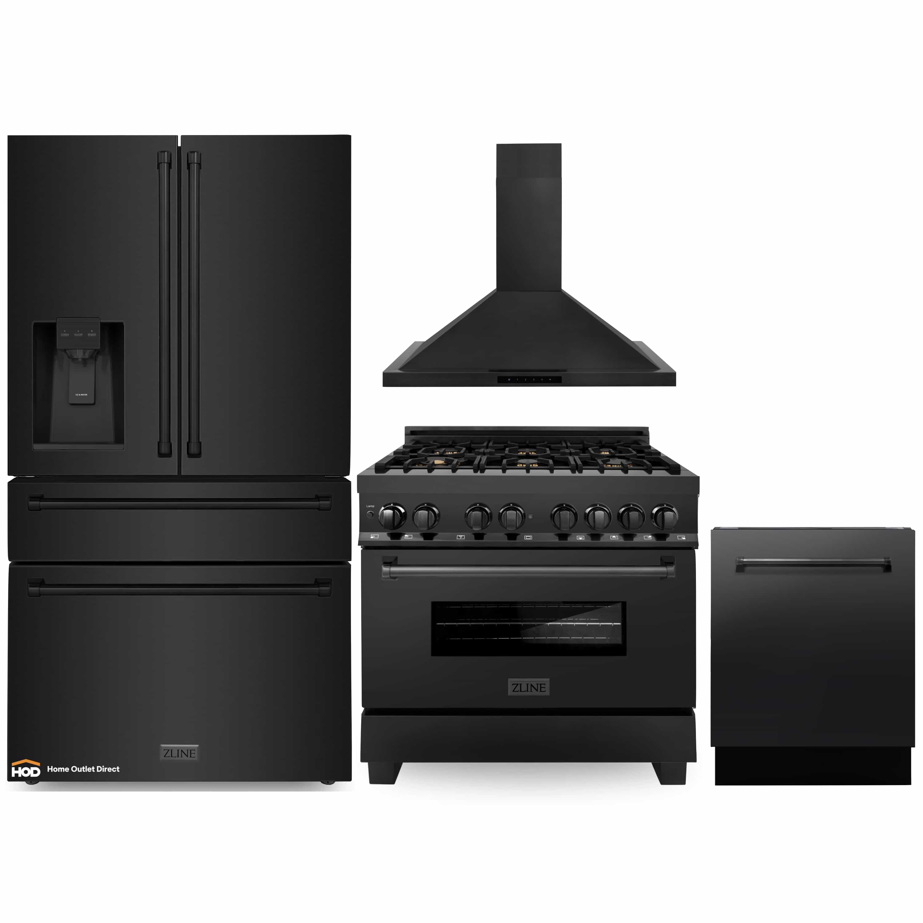Black stainless steel appliance package: refrigerator, dual fuel range, wall hood, and dishwasher
