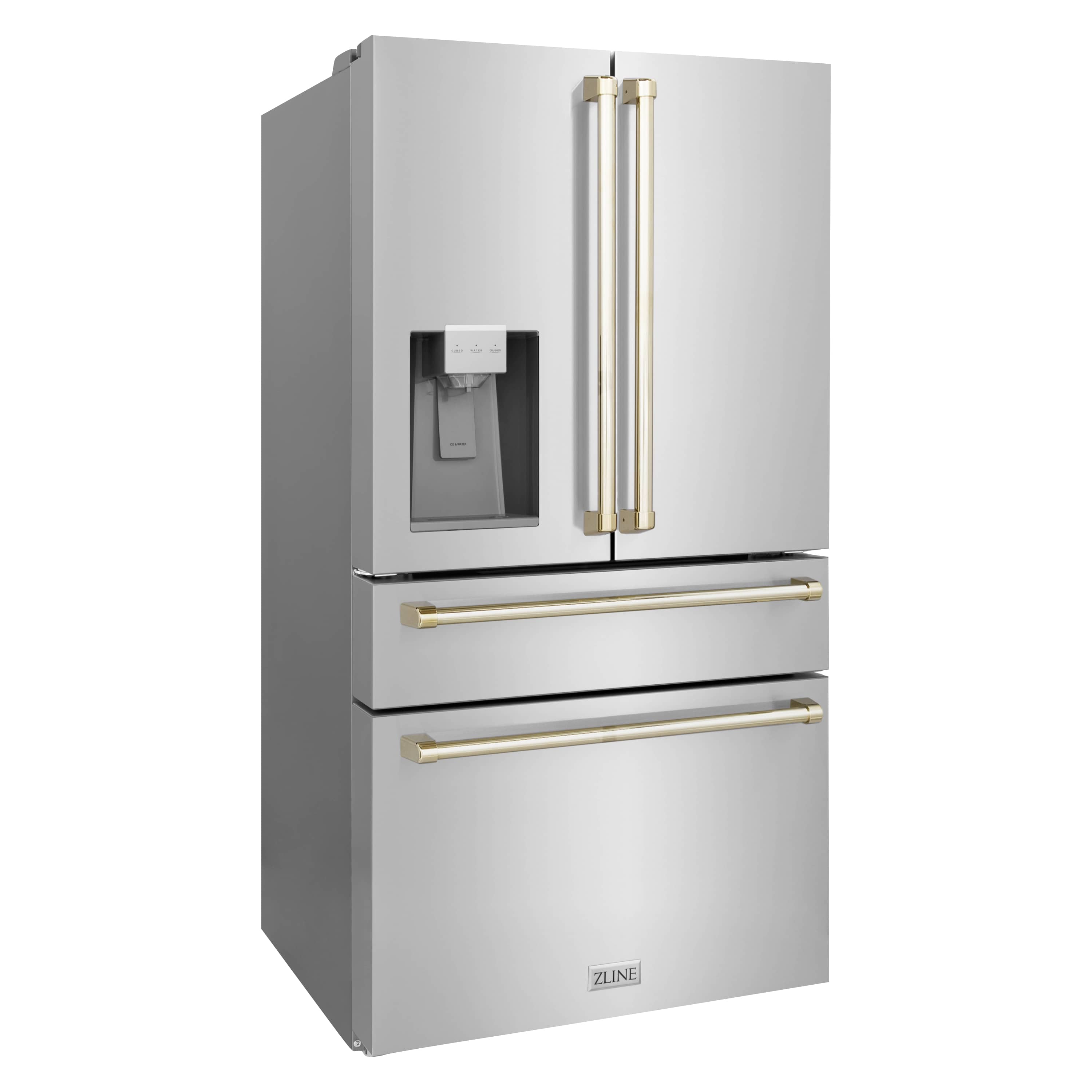 Stainless steel refrigerator with water dispenser, gold-accent handles, front view angle