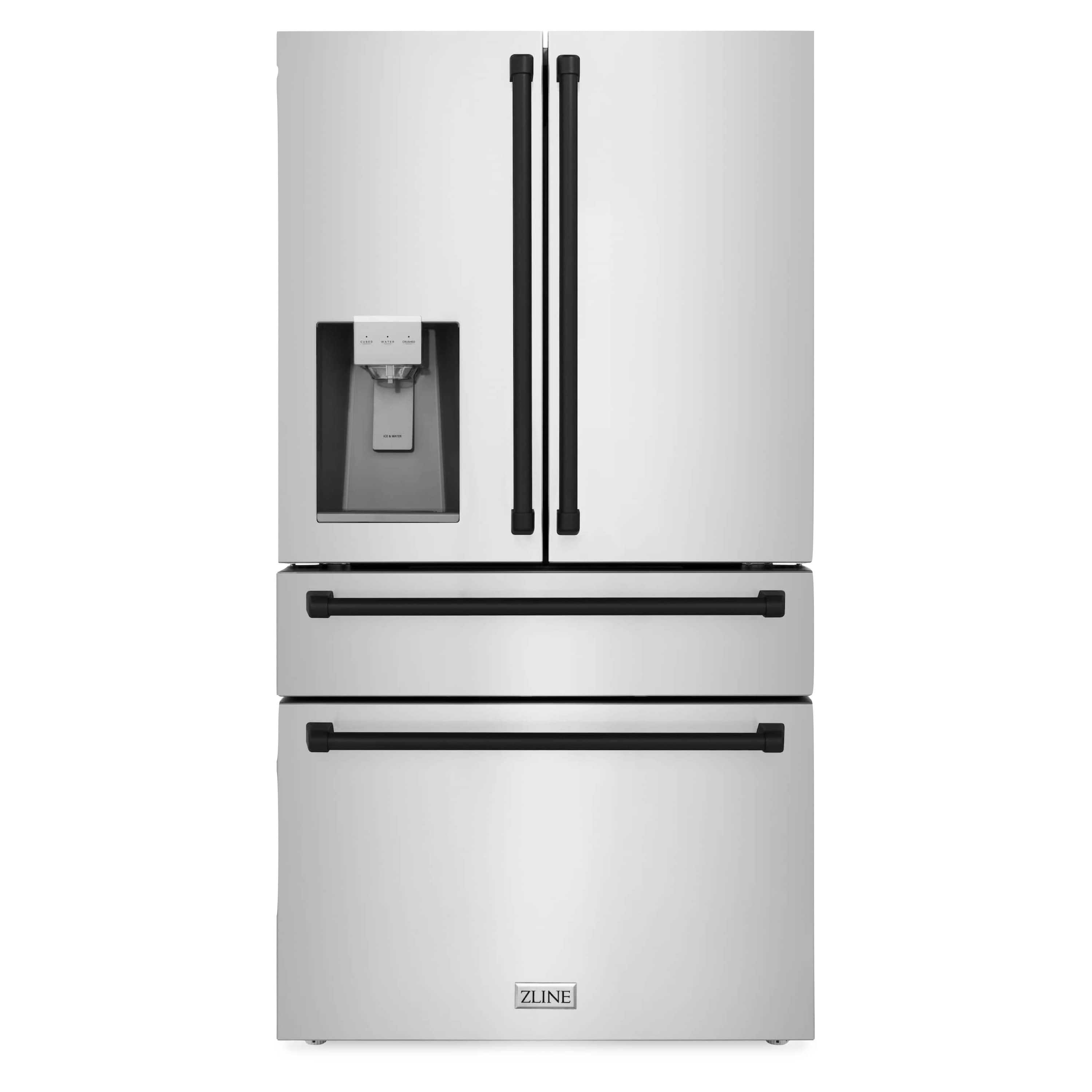 Stainless steel ZLINE refrigerator with water dispenser and black bar handles