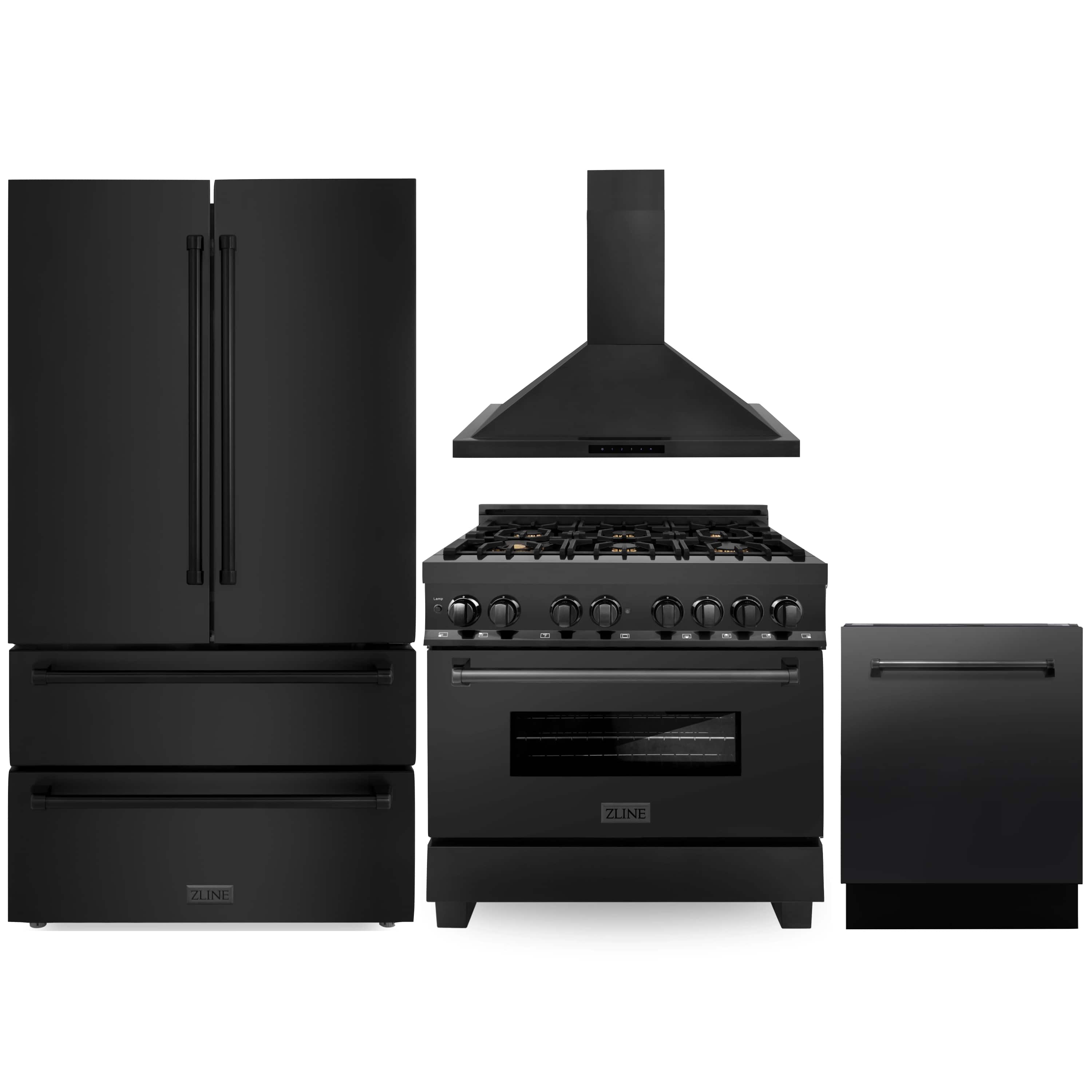 Black stainless 4-piece appliance package: range with hood, refrigerator and dishwasher