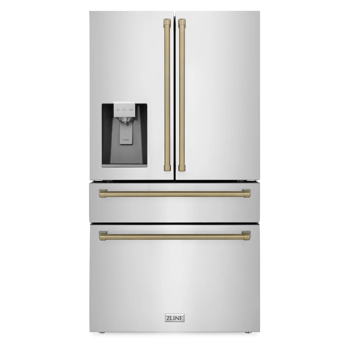 Stainless refrigerator with water dispenser and champagne bronze door handles
