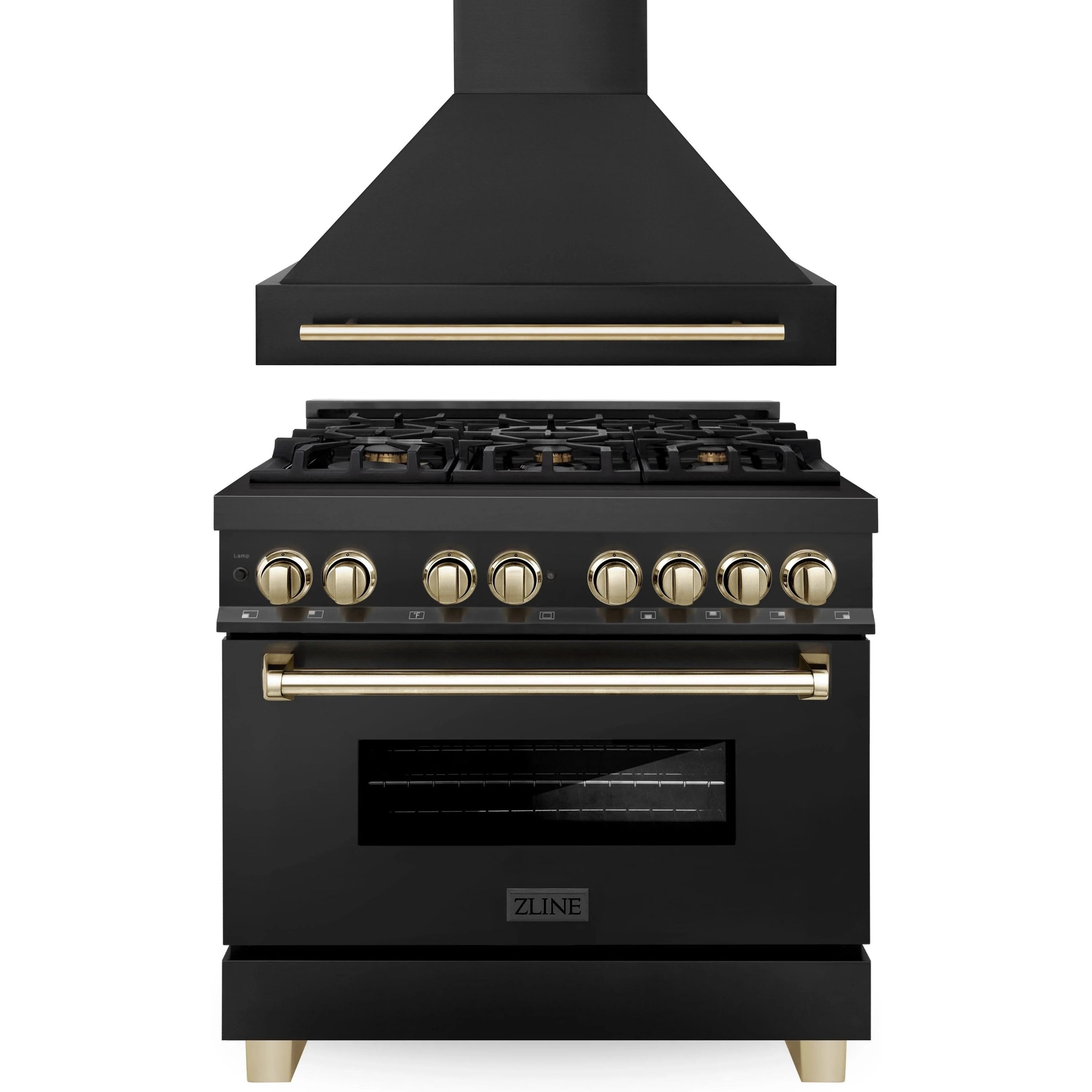 Black dual fuel range with brass/gold trim knobs and wall hood, front view