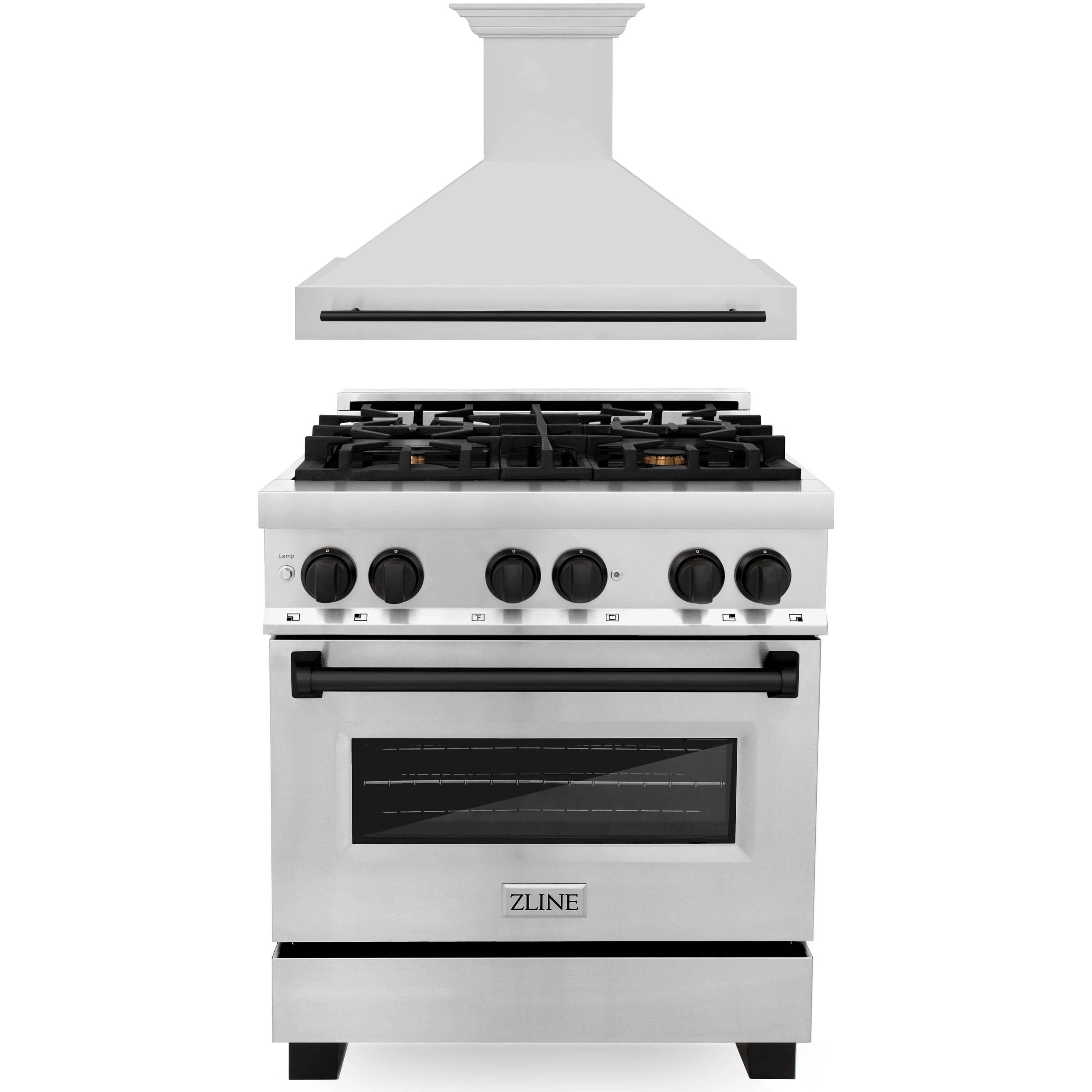 Stainless dual fuel range with matte black burner grates and control knobs